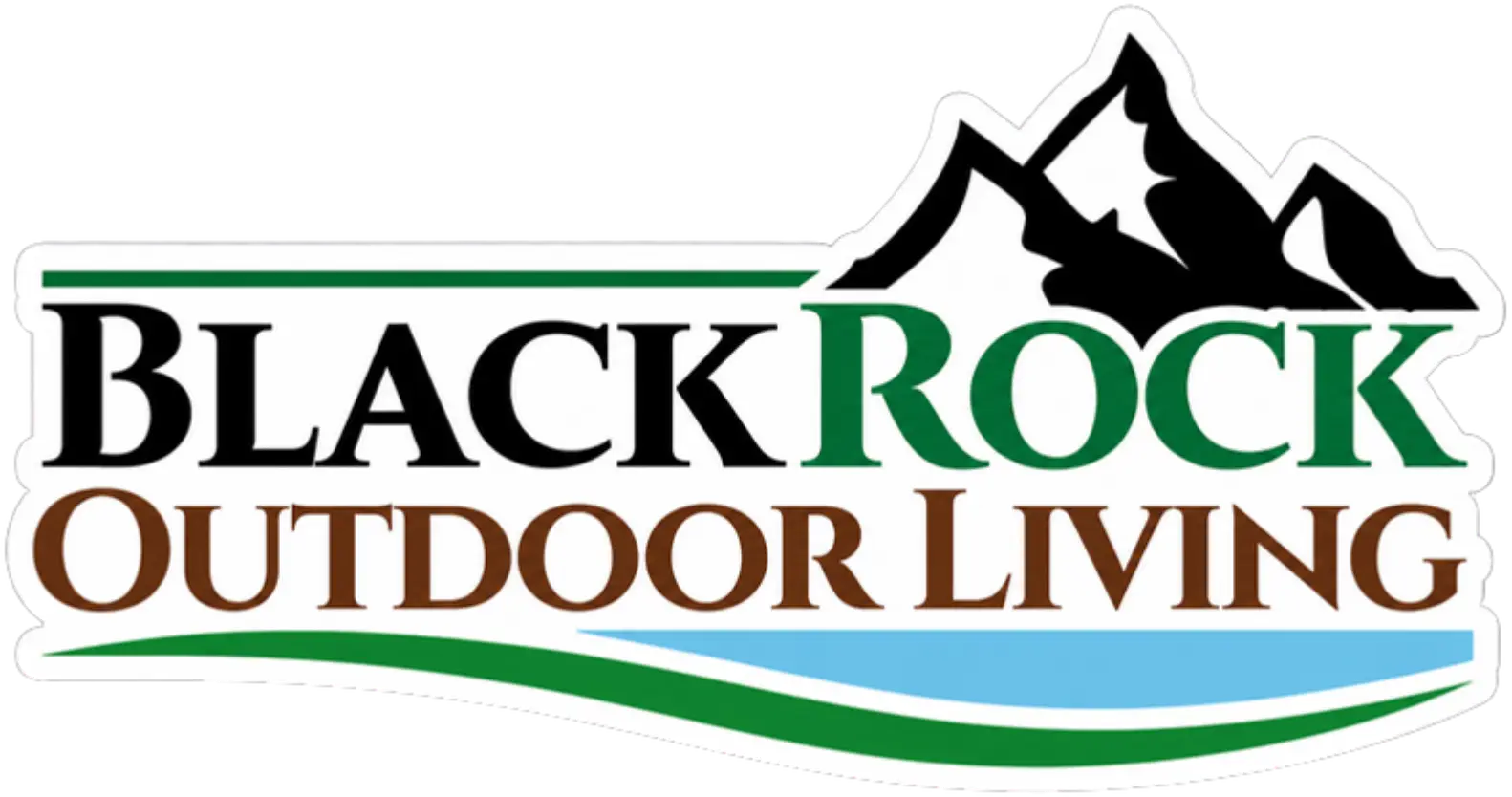 BlackRock Outdoor Living logo featuring black mountain peaks above the company name, with 'Black' in black, 'Rock' in green, 'Outdoor Living' in brown, and green and blue landscape waves beneath, outlined in white.