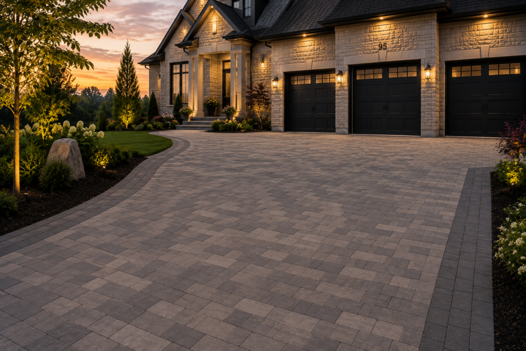 Paver driveway installation in Barrington, IL featuring large-format Unilock pavers with a contrasting border leading to a custom home with professional landscaping and architectural lighting.