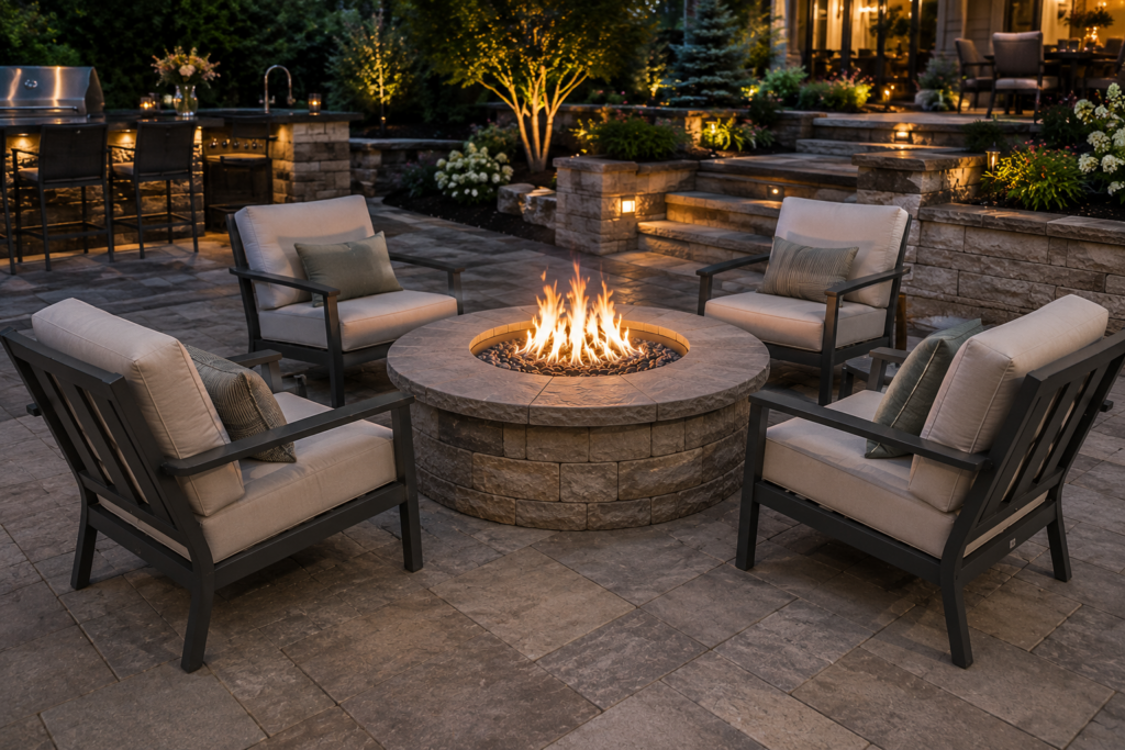 Luxury outdoor living space featuring a custom paver patio, built-in gas fire pit, outdoor kitchen, retaining walls, landscape lighting, and professionally designed landscaping by BlackRock Outdoor Living.