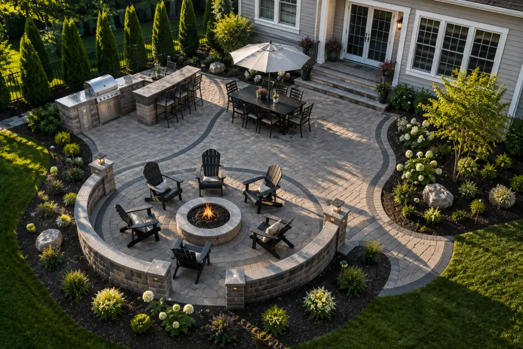 Large custom Unilock paver patio in Barrington, IL with a circular sunken fire pit lounge ringed by black Adirondack chairs and a curved stone seat wall, plus an upper level outdoor kitchen with stainless grill, raised bar seating and an umbrella-shaded dining table beside landscaped hydrangea beds.