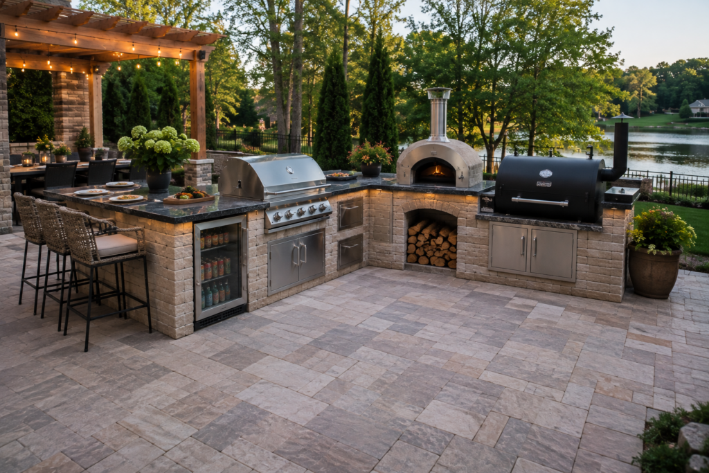 Luxury custom outdoor kitchen featuring a built-in grill, wood-fired pizza oven, smoker, granite countertops, bar seating, and premium paver patio overlooking a waterfront landscape by BlackRock Outdoor Living.