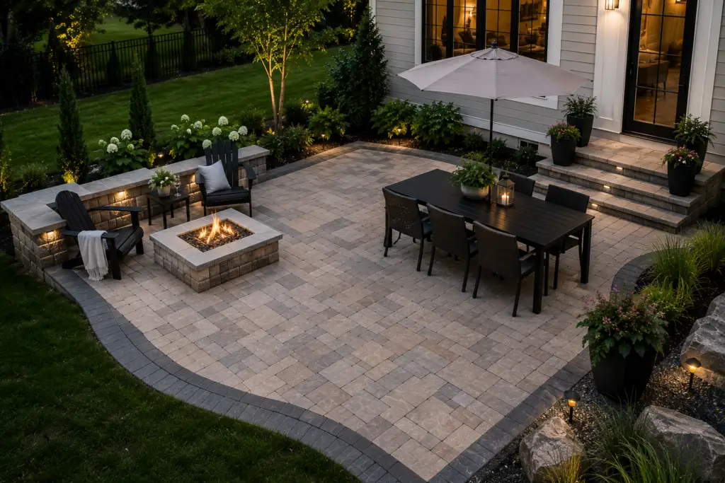 Completed Unilock paver patio with custom fire pit, seat wall, dining area, landscape lighting, and professionally landscaped backyard.