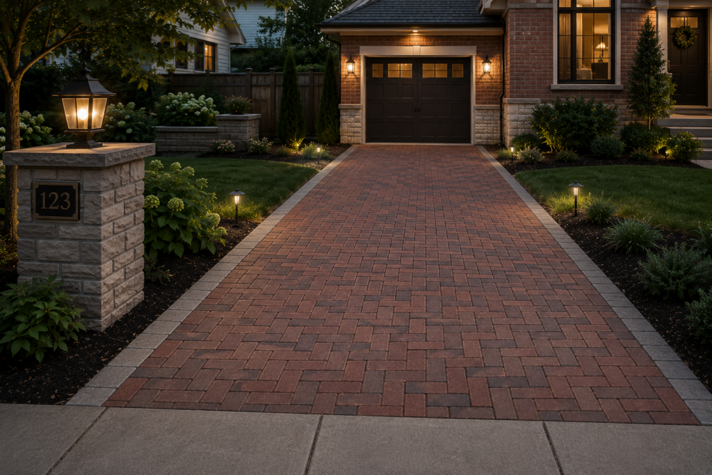 Luxury residential driveway featuring Unilock Copthorne brick pavers installed in a traditional herringbone pattern with a contrasting soldier-course border, framed by professional landscaping and landscape lighting.