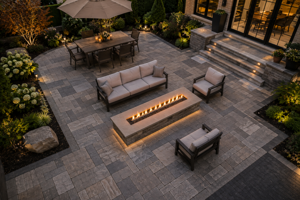 Luxury outdoor living space featuring a custom paver patio, linear gas fire feature, landscape lighting, dining area, and professionally designed landscaping by BlackRock Outdoor Living.