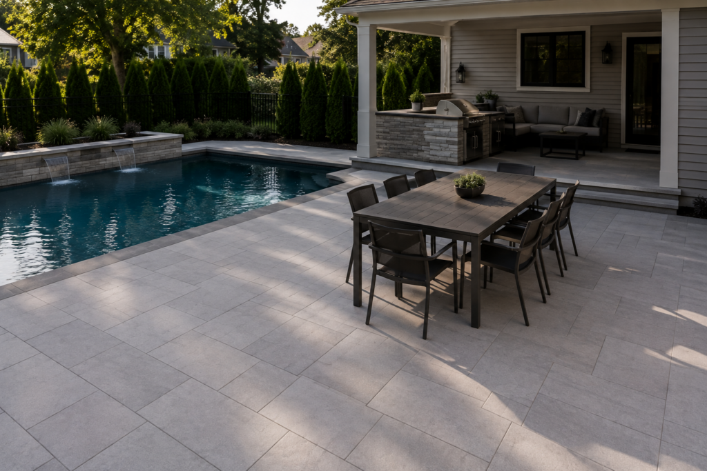 Luxury backyard featuring a custom swimming pool, porcelain paver patio, covered outdoor kitchen, cascading water features, and professionally designed outdoor living space by BlackRock Outdoor Living.