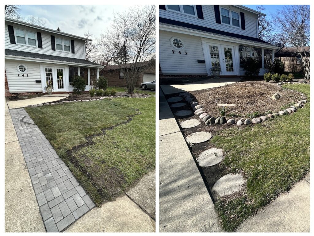 Before and after driveway extension hardscape installation project in Barrington, IL