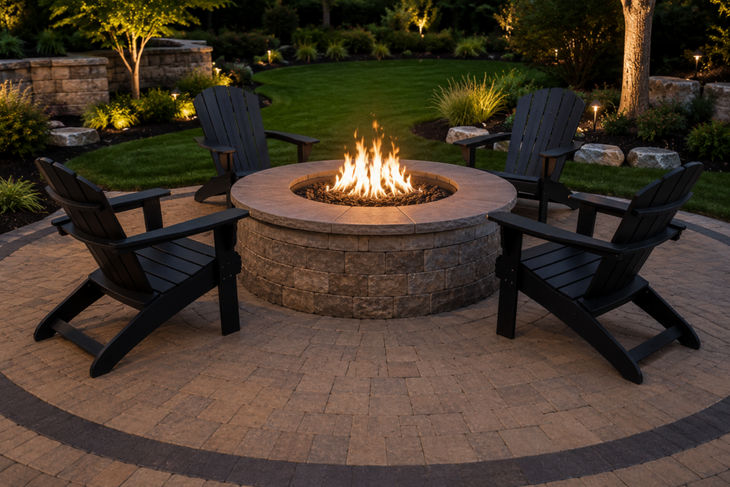 Custom paver fire pit with Adirondack chairs on a circular patio, creating a luxury outdoor gathering space designed and installed by BlackRock Outdoor Living.