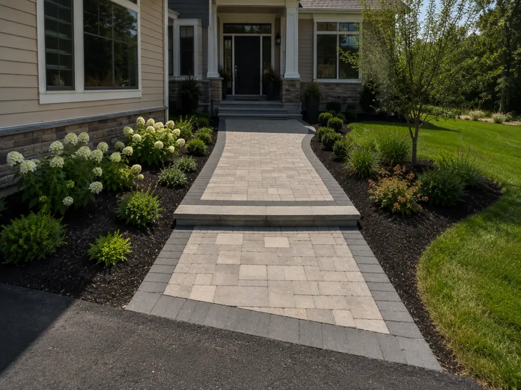 Front entry hardscape installation with a paver walkway, contrasting border, and new front steps