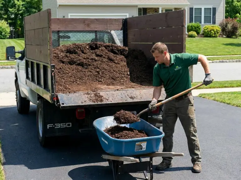 BlackRock Outdoor Living landscaper in a green polo and work gloves shoveling dark shredded hardwood mulch from the wood-sided bed of a white Ford F-350 flatbed truck into a blue wheelbarrow on a suburban driveway.
