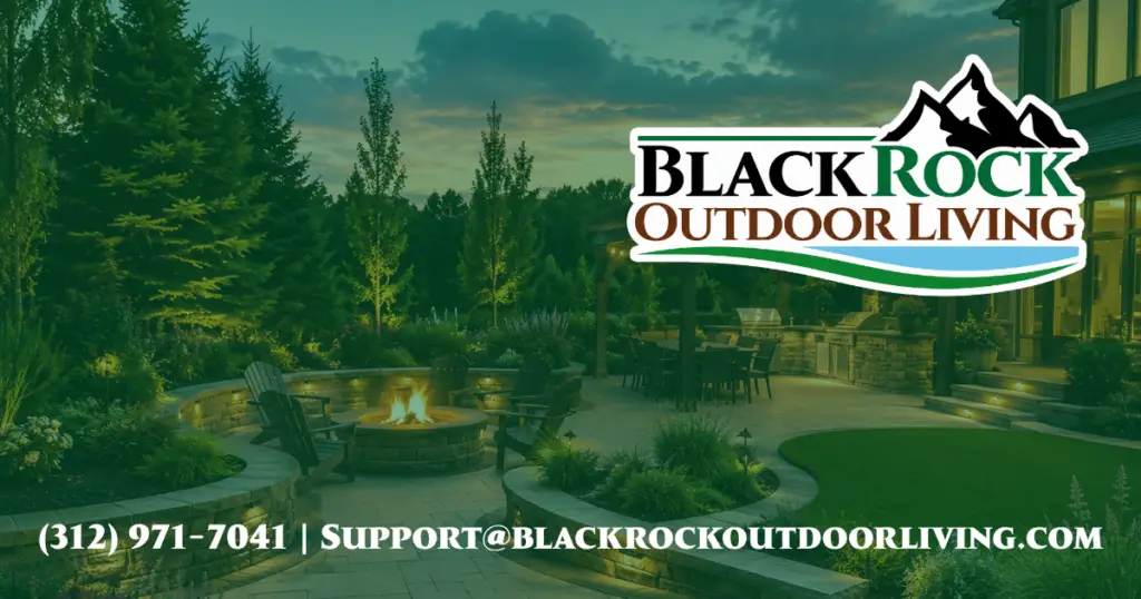 Luxury backyard landscape featuring a custom paver patio, fire pit, outdoor kitchen, pergola, retaining walls, landscape lighting, and lush gardens with the BlackRock Outdoor Living logo.
