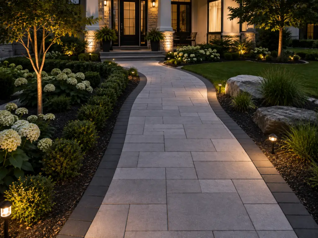 Hardscape installation featuring a curved paver walkway leading to a front entrance in Barrington, IL