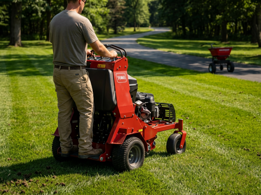 Professional lawn aeration service using a stand-on core aerator to improve soil health, reduce compaction, and promote thicker, healthier grass by BlackRock Outdoor Living.
