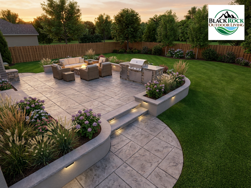 3D landscape rendering of a luxury backyard featuring a custom paver patio, outdoor kitchen, seating area, landscape lighting, curved retaining walls, and professional landscape design by BlackRock Outdoor Living.