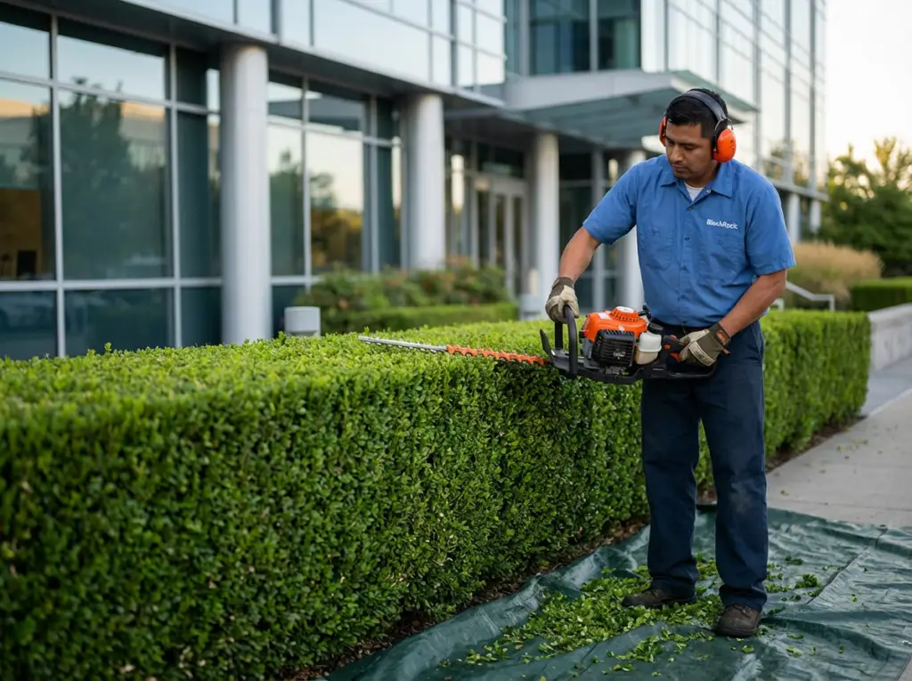 Professional hedge trimming service with commercial-grade equipment creating clean, uniform hedges for a well-maintained commercial landscape by BlackRock Outdoor Living.