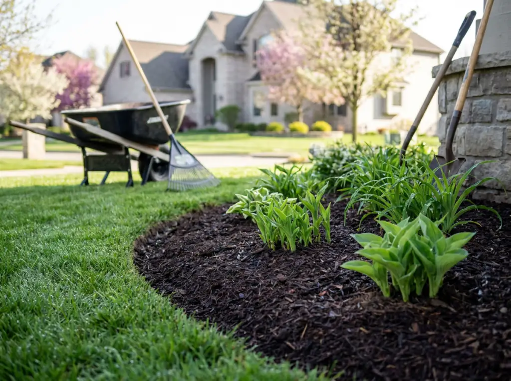 Professional garden bed preparation with fresh soil being spread along a newly defined landscape edge by BlackRock Outdoor Living.