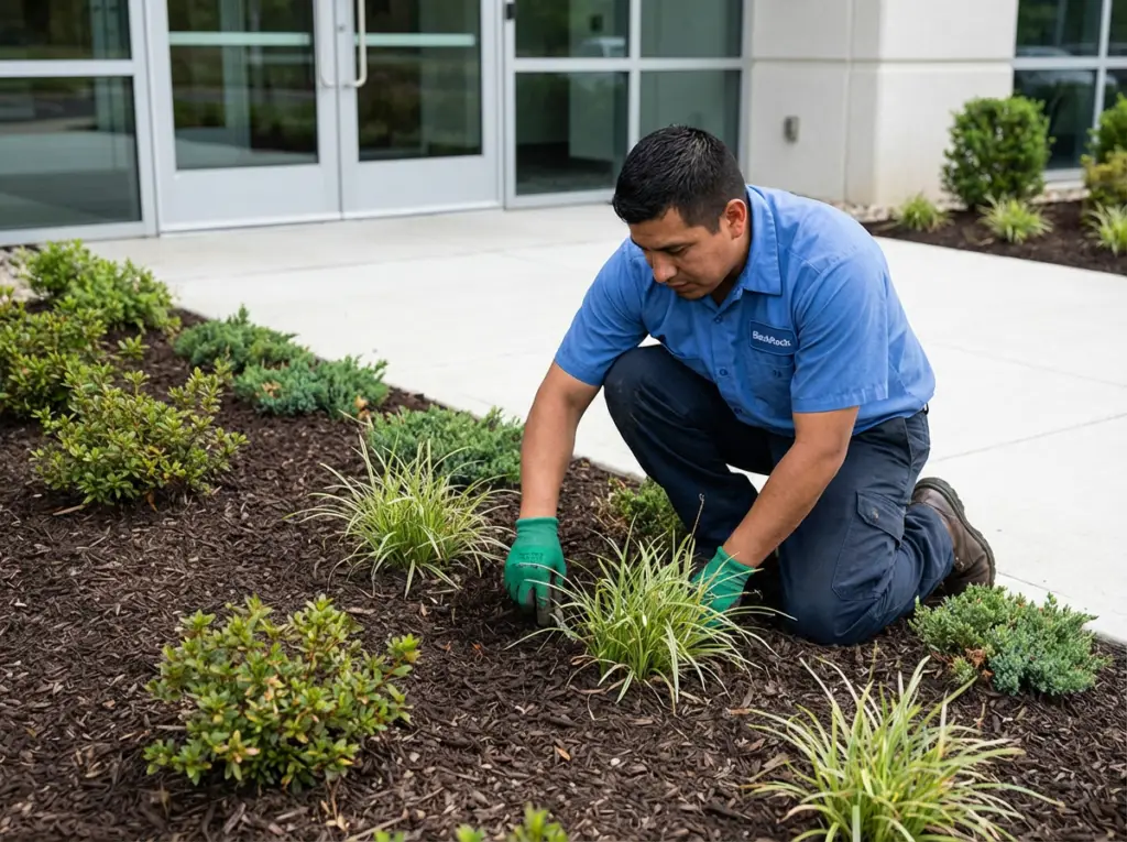 Professional garden bed maintenance with a landscaper planting flowers and maintaining a freshly mulched landscape bed by BlackRock Outdoor Living.