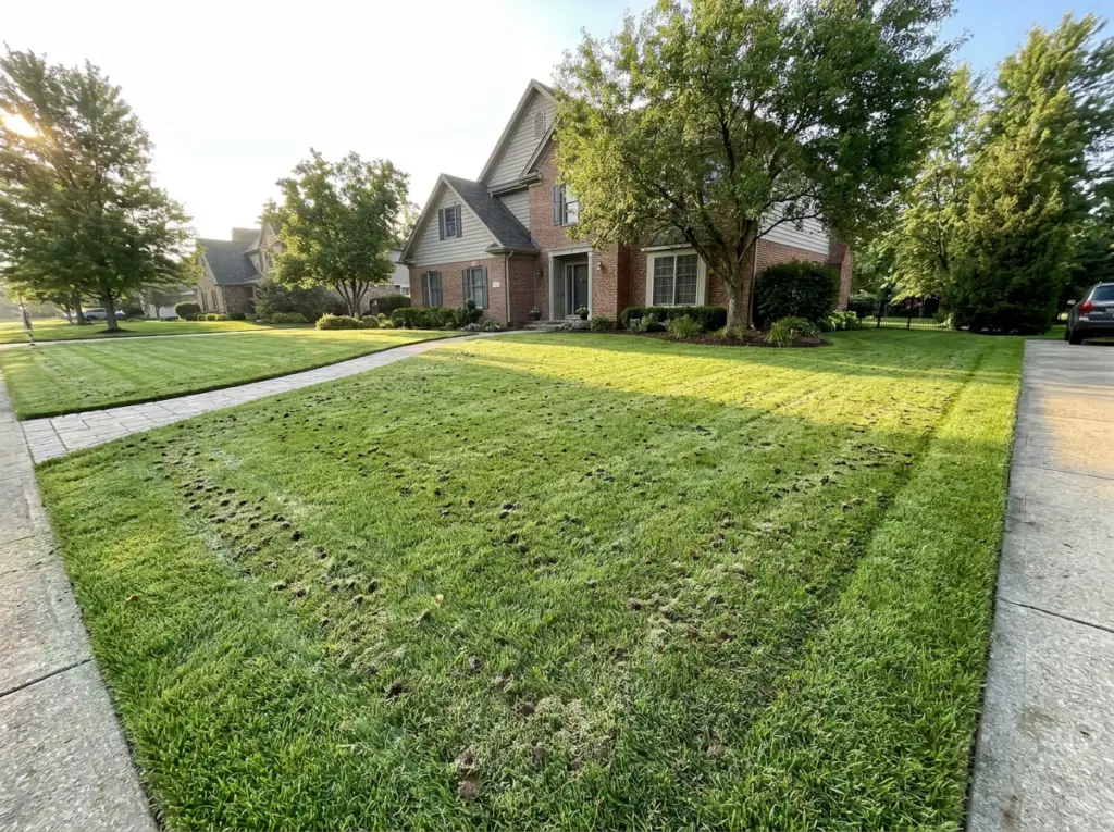 Freshly aerated residential lawn with visible core aeration lines, promoting healthier root growth and a thicker, greener lawn by BlackRock Outdoor Living.