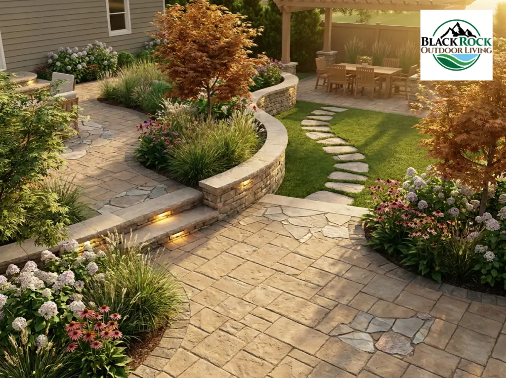 3D landscape rendering featuring a custom paver patio, natural stone walkway, curved retaining wall, landscape lighting, ornamental trees, and professionally designed planting beds by BlackRock Outdoor Living.