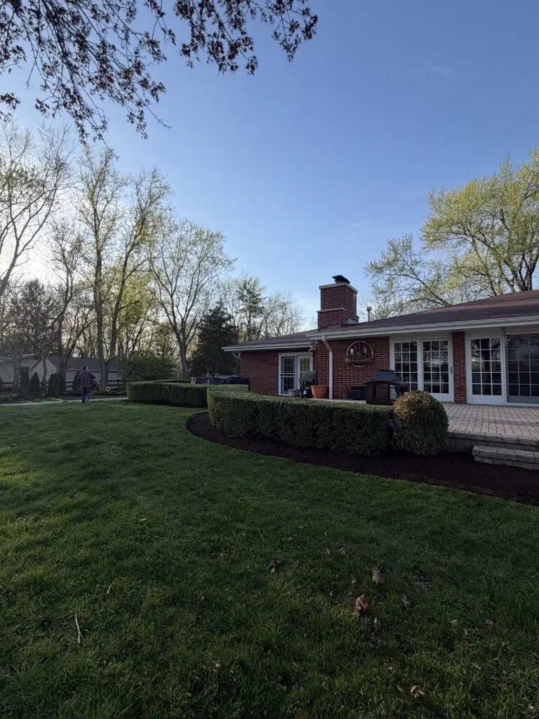 Freshly installed premium hardwood mulch in neatly edged landscape beds with professionally trimmed hedges surrounding a residential home by BlackRock Outdoor Living.