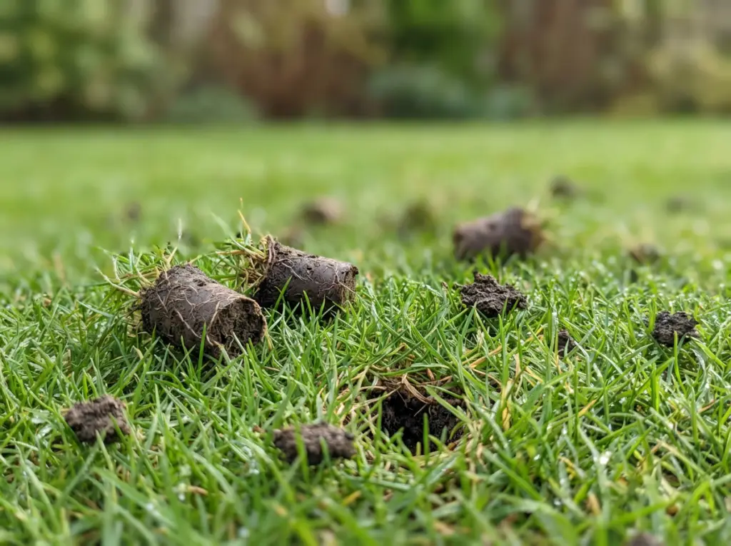 Close-up of a freshly core aerated lawn showing soil plugs on healthy green grass after professional lawn aeration by BlackRock Outdoor Living.