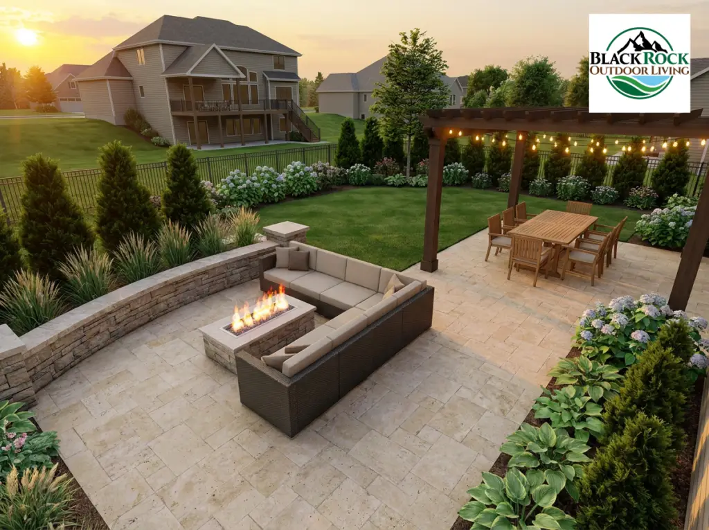 3D rendering of a custom backyard patio featuring a built-in fire pit, seating wall, paver patio, pergola dining area, landscape lighting, and professionally designed planting beds by BlackRock Outdoor Living.