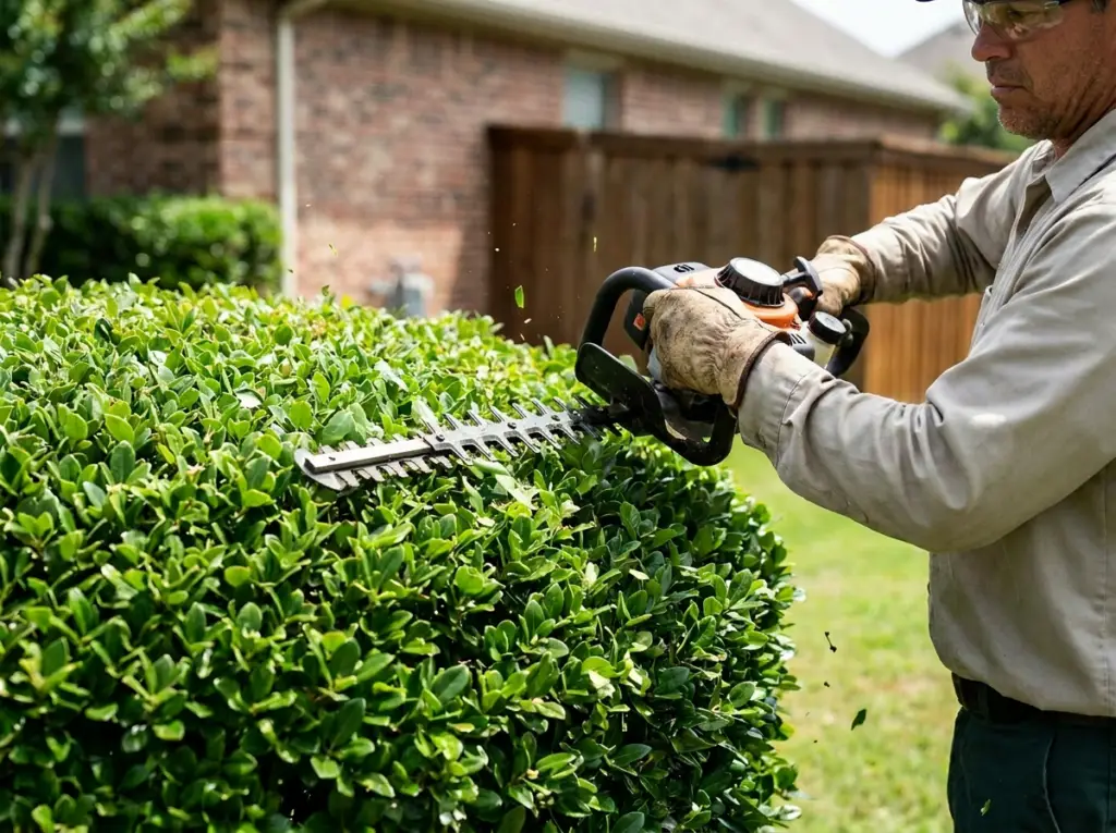 Professional hedge trimming with commercial hedge trimmers, shaping a healthy evergreen shrub to create a clean, uniform appearance by BlackRock Outdoor Living.