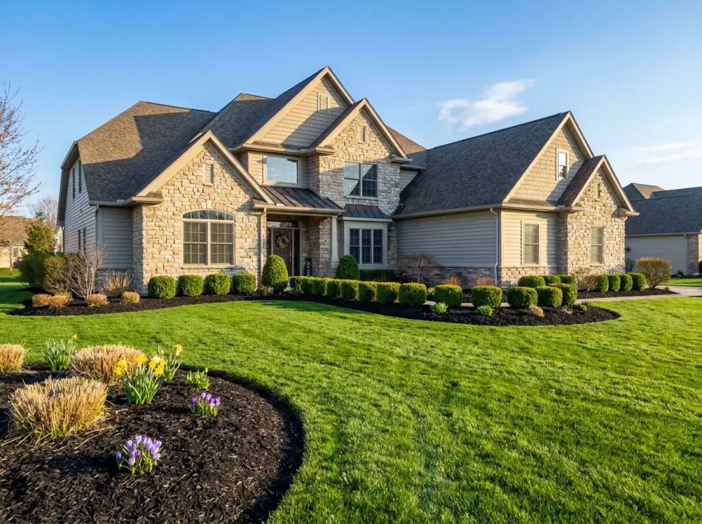 Professionally maintained residential landscape featuring freshly mowed lawn, neatly trimmed shrubs, crisp garden bed edging, and weed-free mulch by BlackRock Outdoor Living.