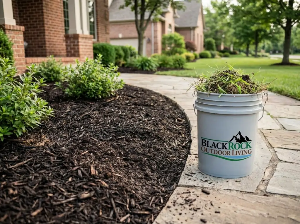 Freshly maintained garden beds with clean edging, weed-free mulch, and healthy shrubs surrounding a residential home by BlackRock Outdoor Living.