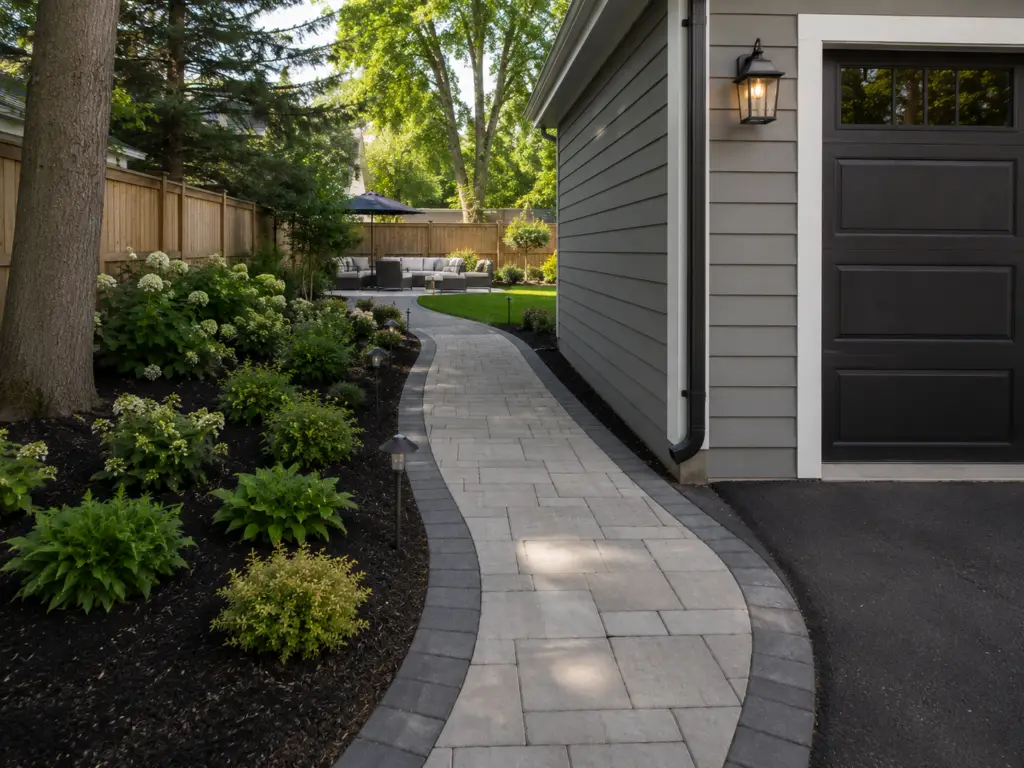 Completed Unilock paver walkway beside a detached garage leading to a backyard patio, surrounded by fresh mulch beds, ornamental shrubs, and professionally landscaped gardens.
