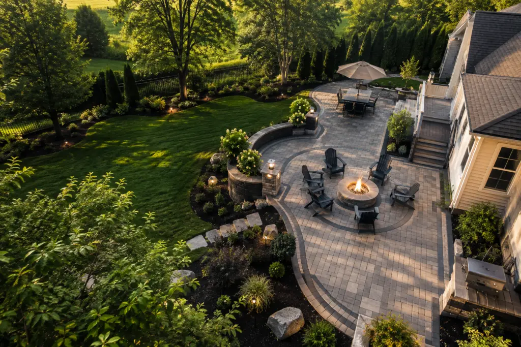 Completed hardscape installation with a Unilock paver patio, fire pit, and seat walls in a Barrington backyard
