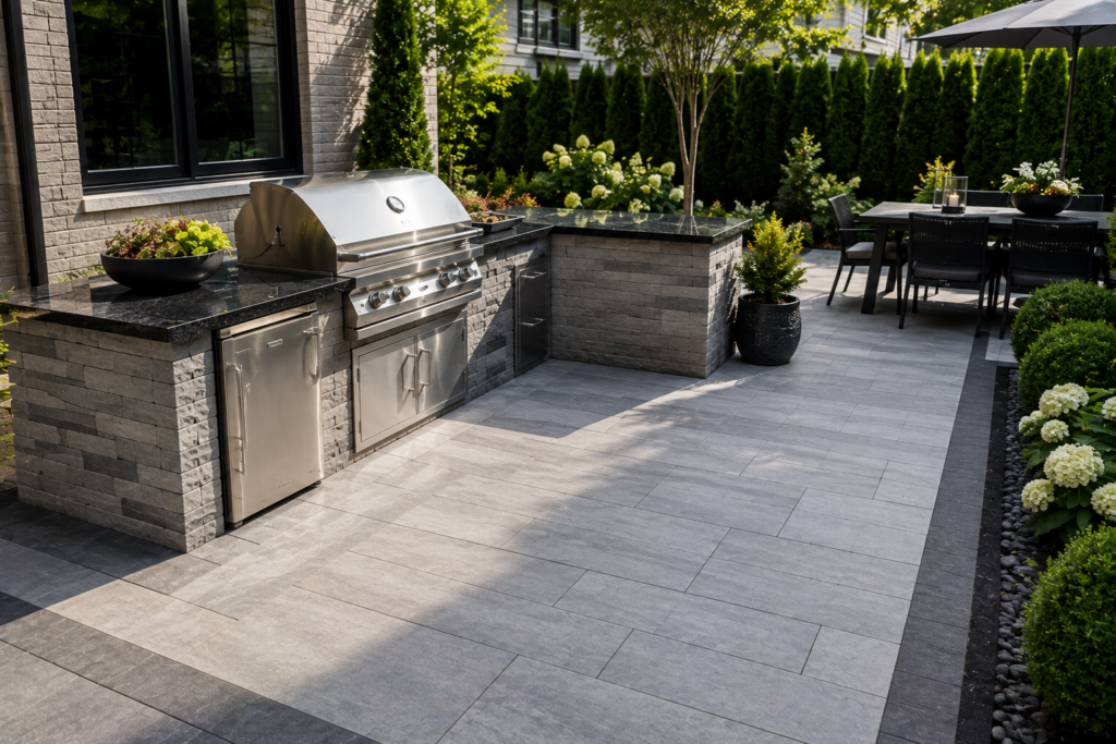 Custom outdoor kitchen featuring a built-in grill, granite countertops, bar seating, premium paver patio, and professionally landscaped outdoor living space by BlackRock Outdoor Living.