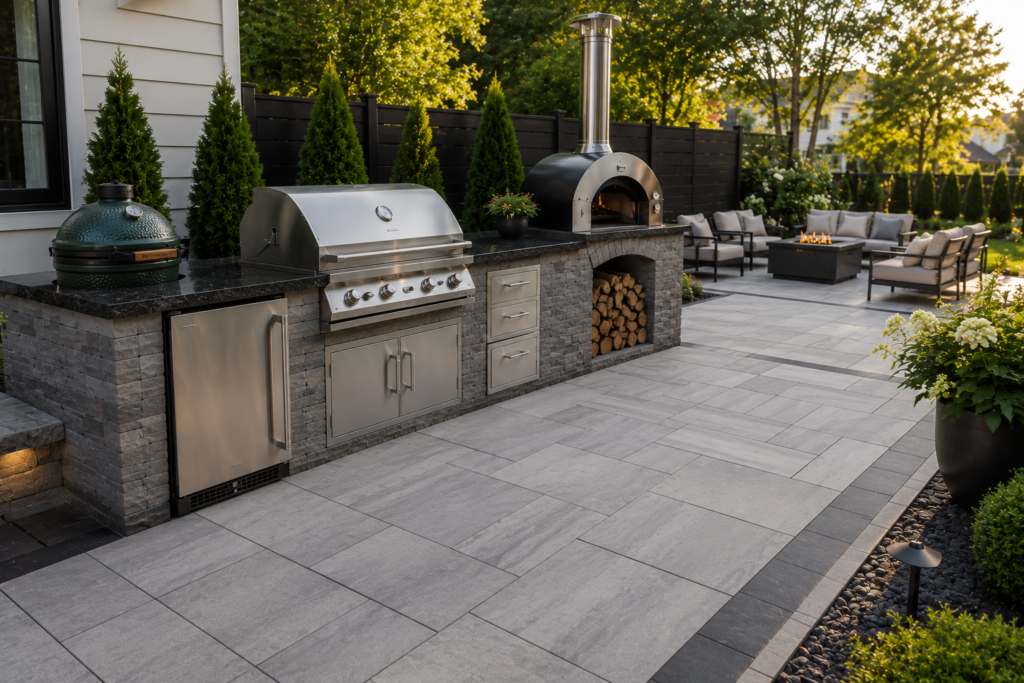 Luxury outdoor kitchen featuring a built-in grill, ceramic kamado grill, wood-fired pizza oven, premium stone cabinetry, paver patio, and custom outdoor living space by BlackRock Outdoor Living.