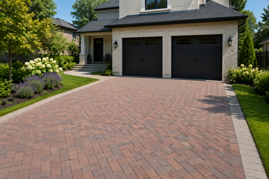 Custom residential driveway featuring Unilock Copthorne brick pavers in a classic herringbone pattern with a contrasting border, complemented by professional landscaping and a luxury home.