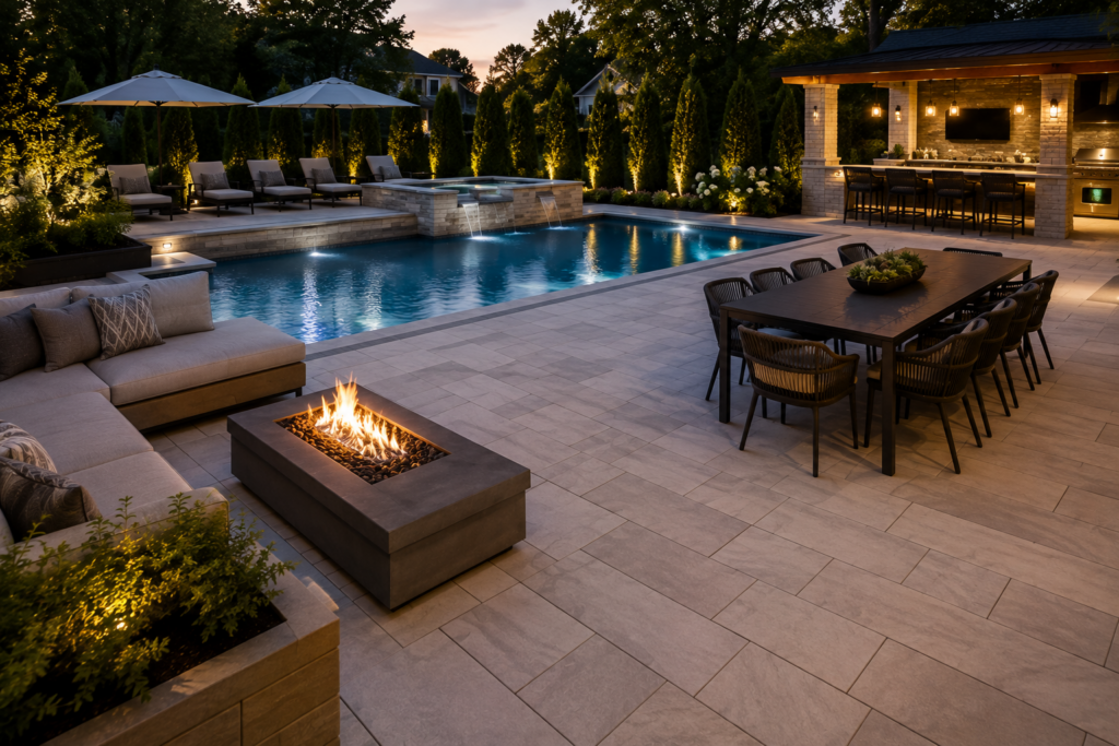 Luxury backyard outdoor living space featuring a custom swimming pool, spa, porcelain paver patio, outdoor kitchen, fire feature, landscape lighting, and professionally designed landscaping by BlackRock Outdoor Living.
