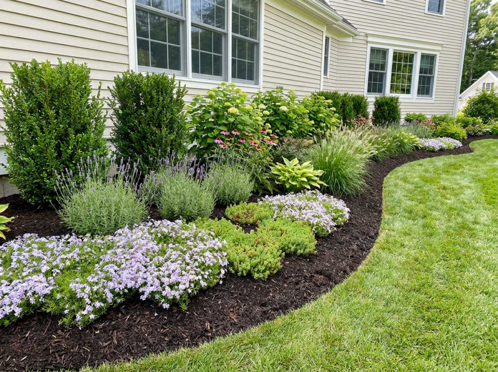 Established residential landscape bed with hydrangeas, boxwoods, ornamental grasses, flowering perennials, and fresh dark mulch.