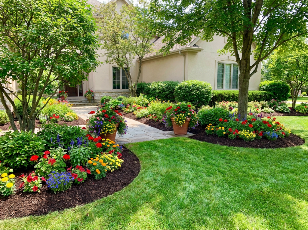 Colorful residential landscape with flowering garden beds, mature trees, fresh mulch, and a stone walkway leading to the home.