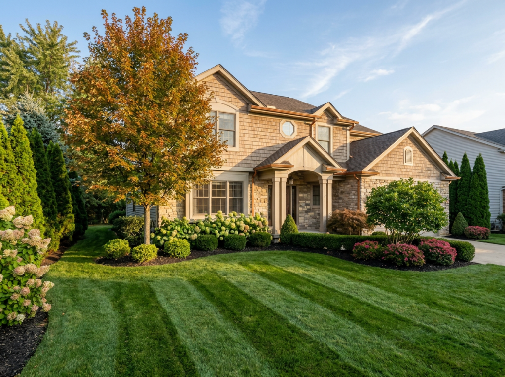 Professionally landscaped front yard with hydrangeas, ornamental trees, evergreen shrubs, fresh mulch, and a manicured lawn.